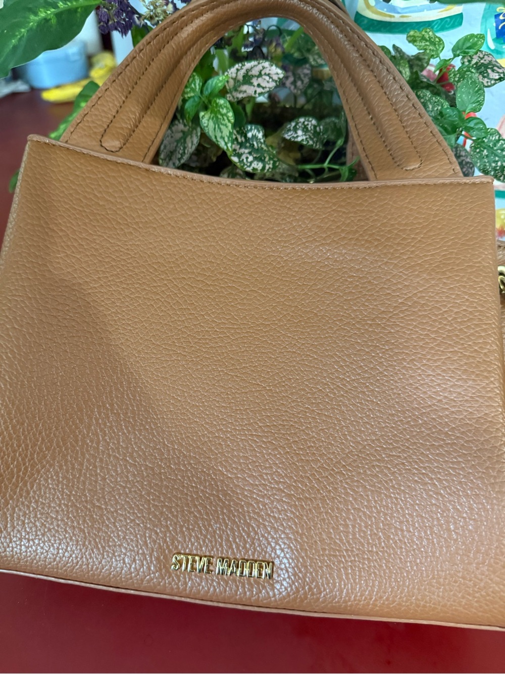 Steve Madden Cognac Pebbled Leather Tote with Gold Logo